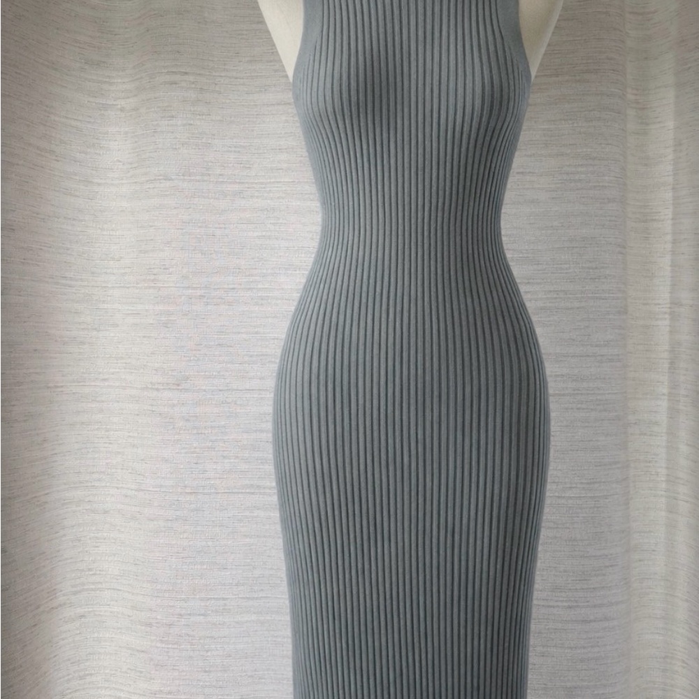 Brandon Maxwell Light Charcoal Ribbed Midi Dress